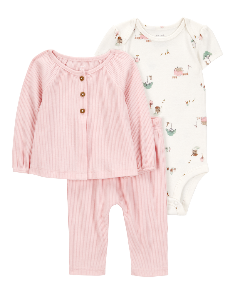 Baby 3-Piece Barn Print Little Cardigan Set - Pink/White, image 1 of 4 slides