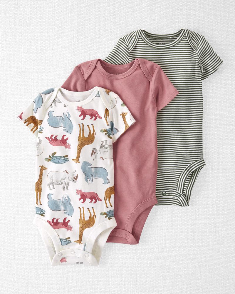 Baby Organic Cotton Rib 3-Pack Animal & Striped Bodysuits, image 1 of 7 slides