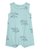 Baby Boy Shark Print Cotton Romper - Blue, image 1 of 3 slides