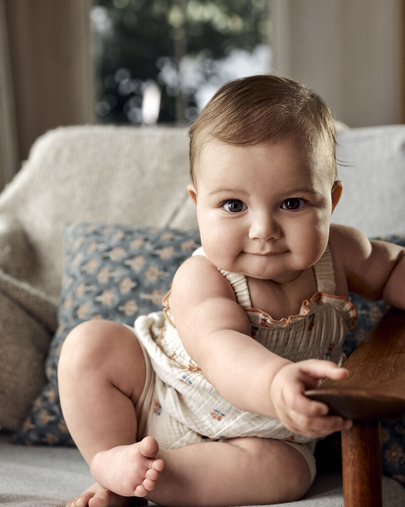 Baby Smocked Floral Print Sleeveless Romper - Cream, image 3 of 4 slides