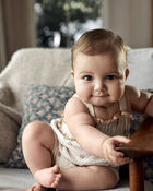 Baby Smocked Floral Print Sleeveless Romper - Cream, image 3 of 4 slides