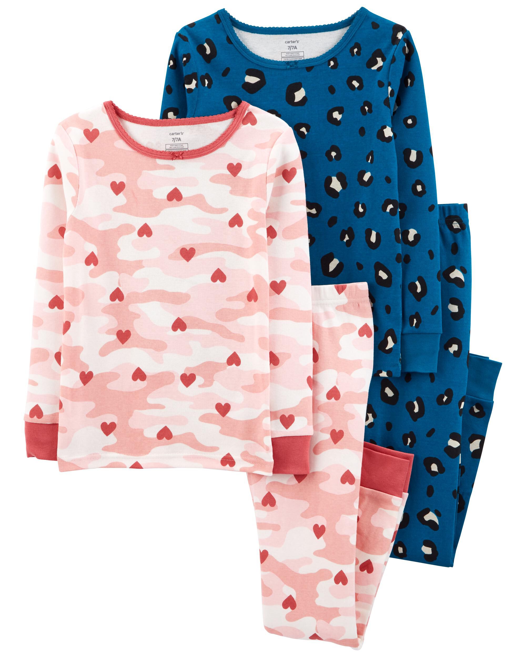 Pink Blue Kid 4 Piece Leopard Camo 100 Snug Fit Cotton Pajamas