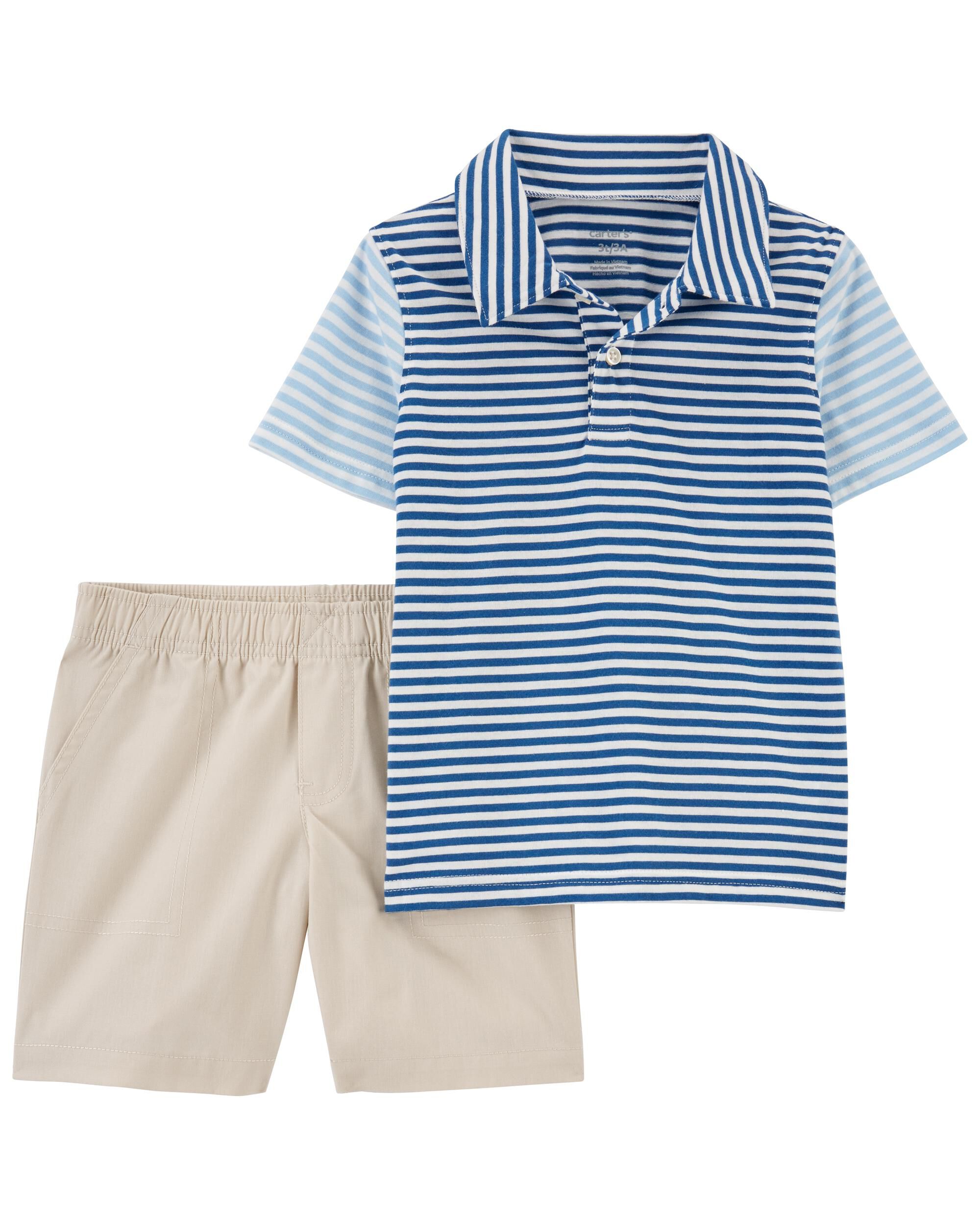 Blue Khaki Toddler 2 Piece Striped Jersey Polo Shirt Canvas