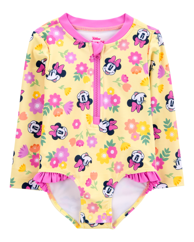 Baby Disney© Minnie Mouse 1-Piece Rashguard Swimsuit - Yellow/Pink, image 1 of 4 slides