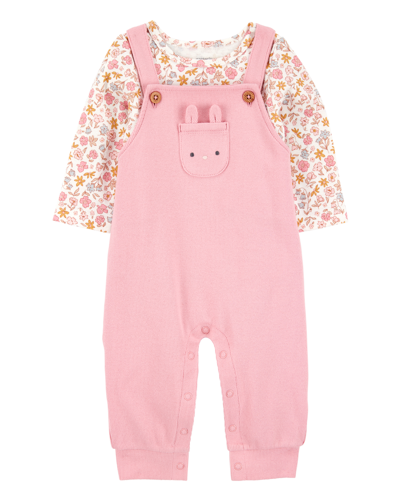 Baby 2-Piece Floral Bunny Long-Sleeve Tee & Coverall Set - Pink, image 1 of 7 slides