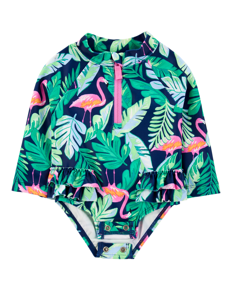 Baby Girl 1-Piece Tropical Flamingo Long-Sleeve Rashguard Swimsuit, image 2 of 5 slides