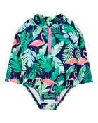 Baby Girl 1-Piece Tropical Flamingo Long-Sleeve Rashguard Swimsuit, image 2 of 5 slides