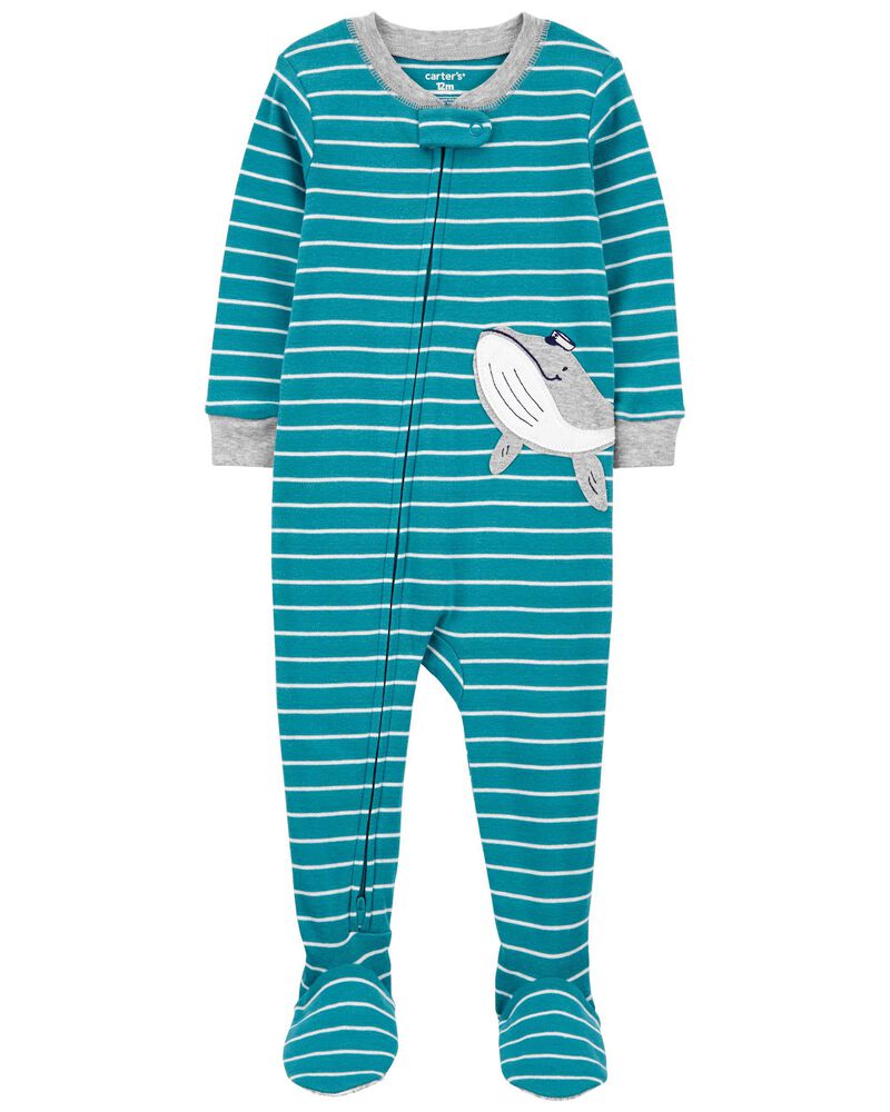 Baby 1-Piece Striped Whale 100% Snug Fit Cotton Footie Pajamas, image 1 of 4 slides