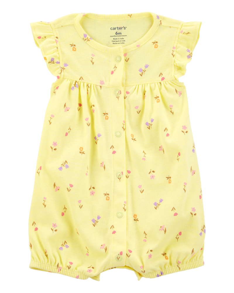 Baby Girl Floral Short-Sleeve Cotton Romper - Yellow, image 1 of 3 slides