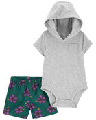 Baby 2-Piece Hooded Bodysuit & Floral Short Set, image 1 of 2 slides