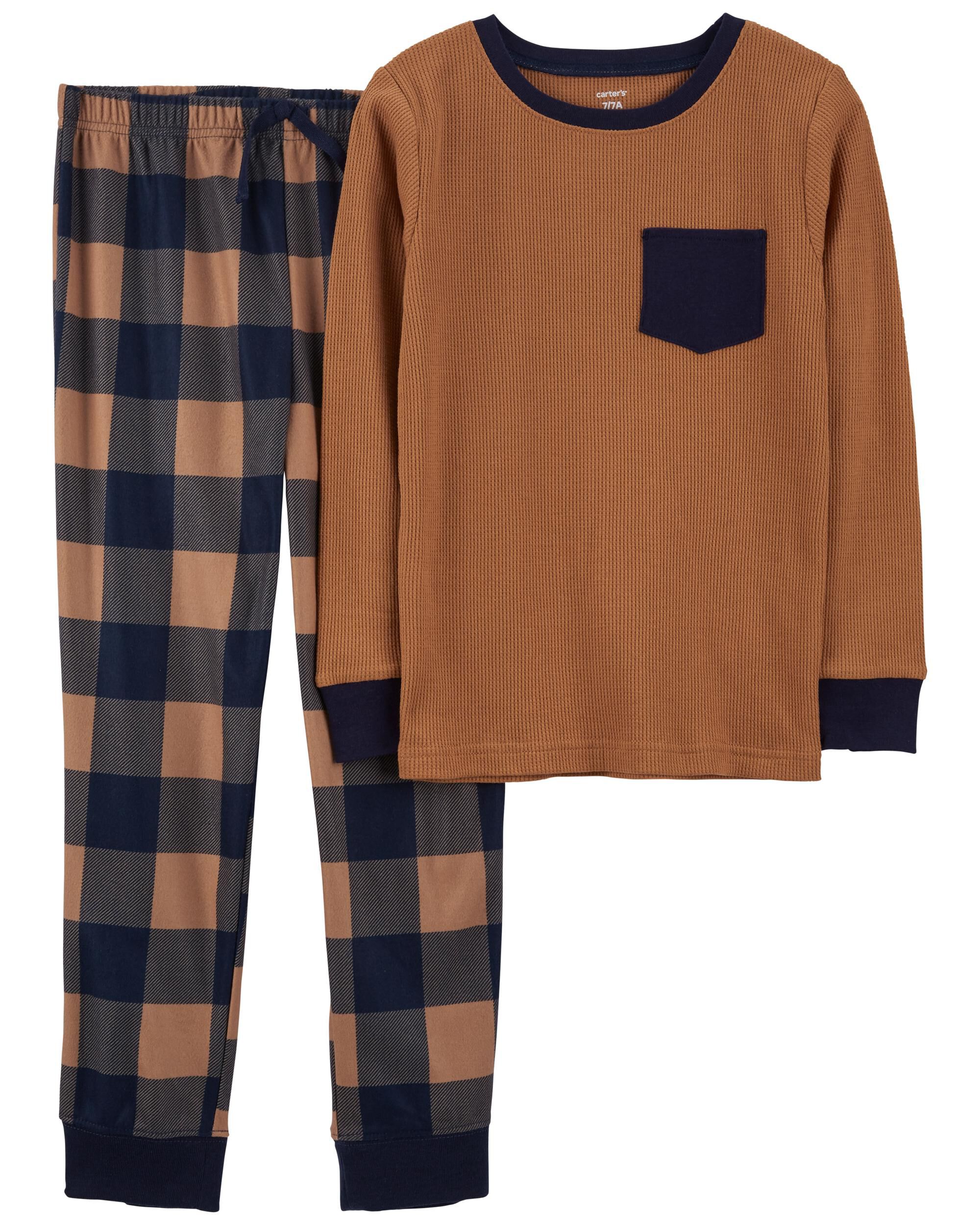 Brown Navy Kid 2 Piece Thermal Fleece Pajamas skiphop