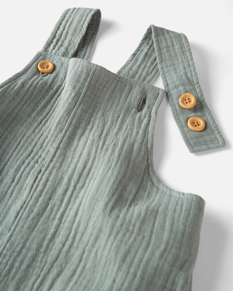 Toddler Organic Cotton Gauze Shortalls in Green, image 3 of 6 slides